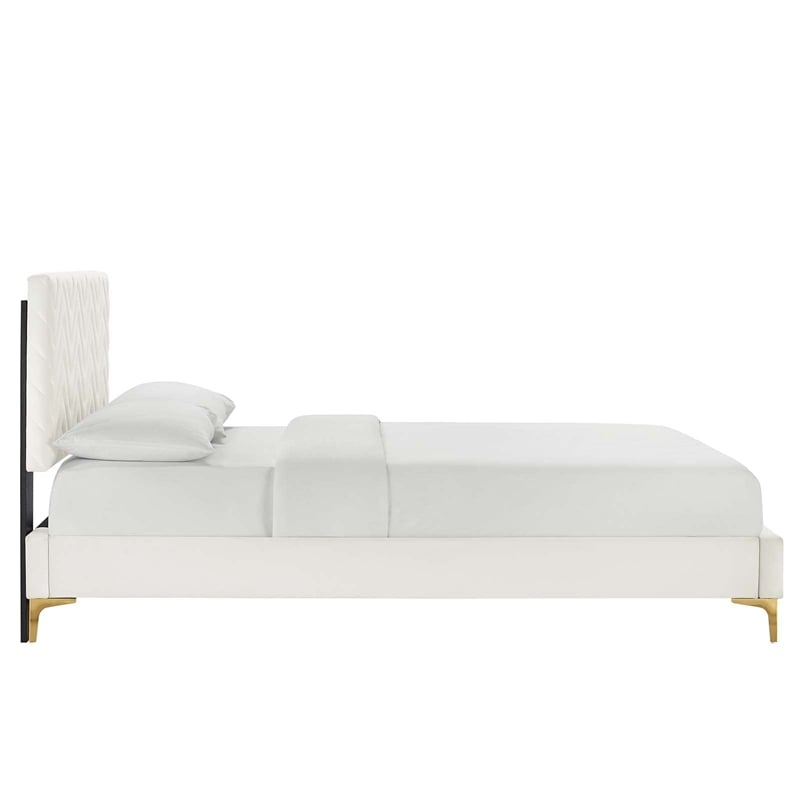 Modway Leah Chevron Tufted Performance Velvet Queen Platform Bed in White