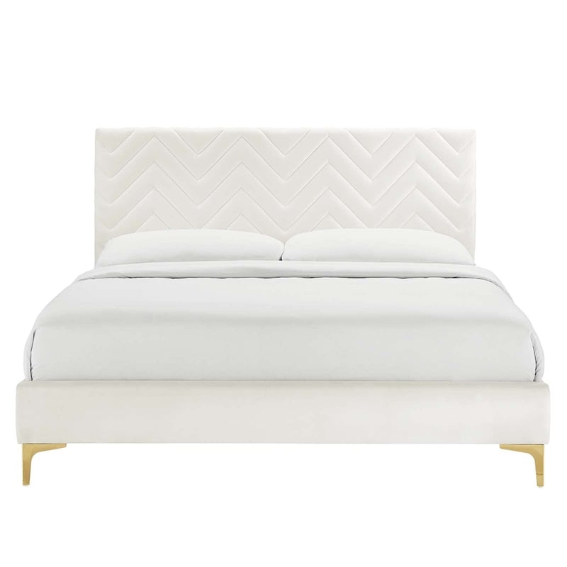 Modway Leah Chevron Tufted Performance Velvet Queen Platform Bed in White