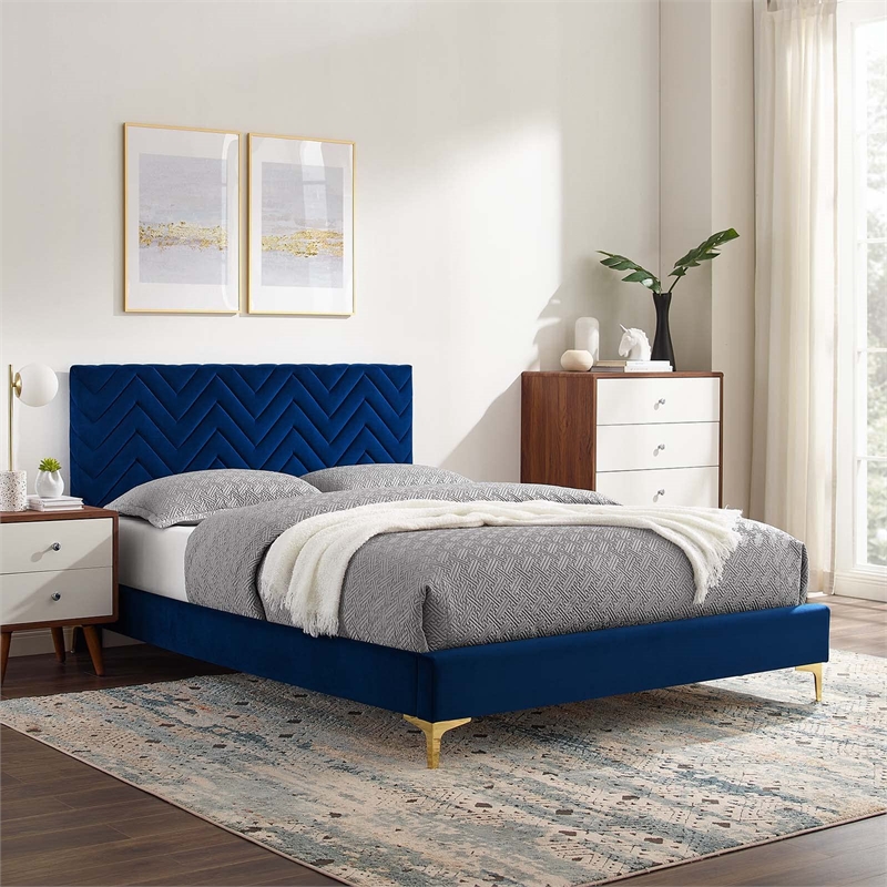 Modway Leah Chevron Tufted Performance Velvet Full Platform Bed in Navy
