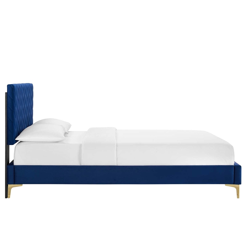Modway Leah Chevron Tufted Performance Velvet Full Platform Bed in Navy