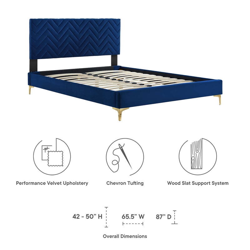 Modway Leah Chevron Tufted Performance Velvet Full Platform Bed in Navy
