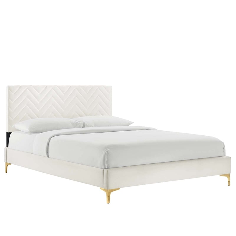 Modway Leah Chevron Tufted Performance Velvet Full Platform Bed in White