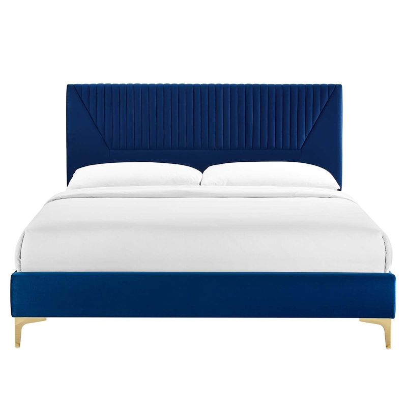 Modway Yasmine Channel Tufted Velvet Queen Platform Bed in Navy
