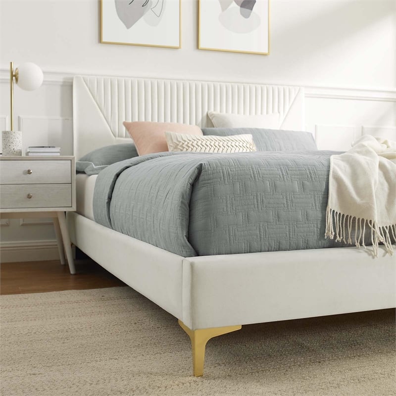 Modway Yasmine Channel Tufted Velvet Queen Platform Bed in White