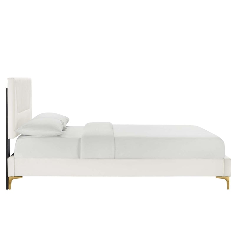 Modway Yasmine Channel Tufted Velvet Queen Platform Bed in White