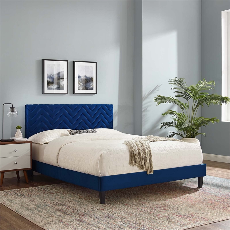 Modway Leah Chevron Tufted Velvet Queen Platform Bed in Navy Finish