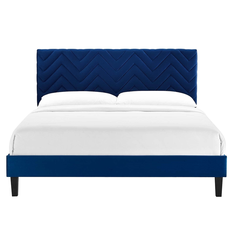 Modway Leah Chevron Tufted Velvet Queen Platform Bed in Navy Finish
