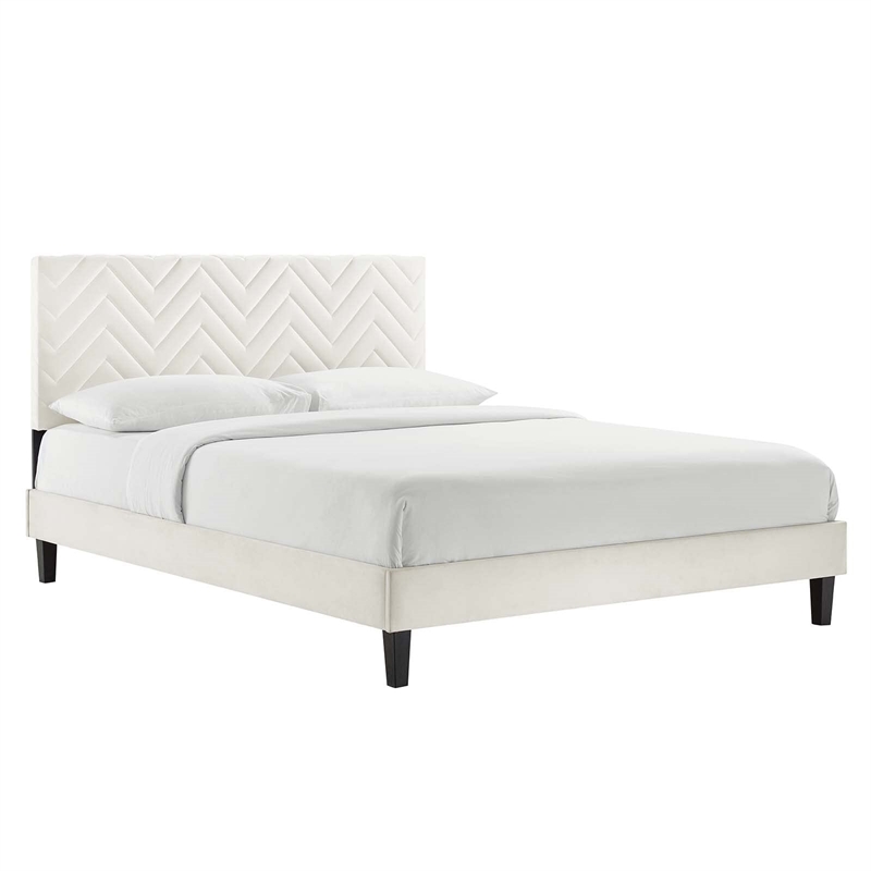 Modway Leah Chevron Tufted Velvet Queen Platform Bed in White Finish
