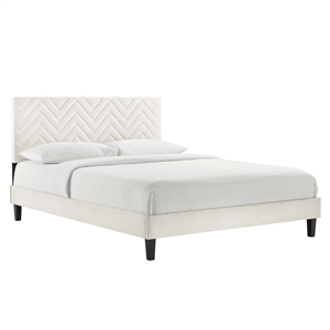 Modway Leah Chevron Tufted Velvet Queen Platform Bed in White Finish