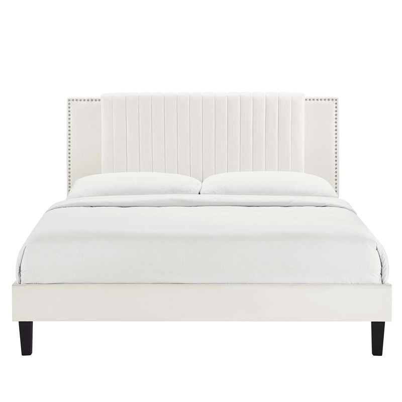 Modway Zahra Channel Tufted Velvet Queen Platform Bed in White