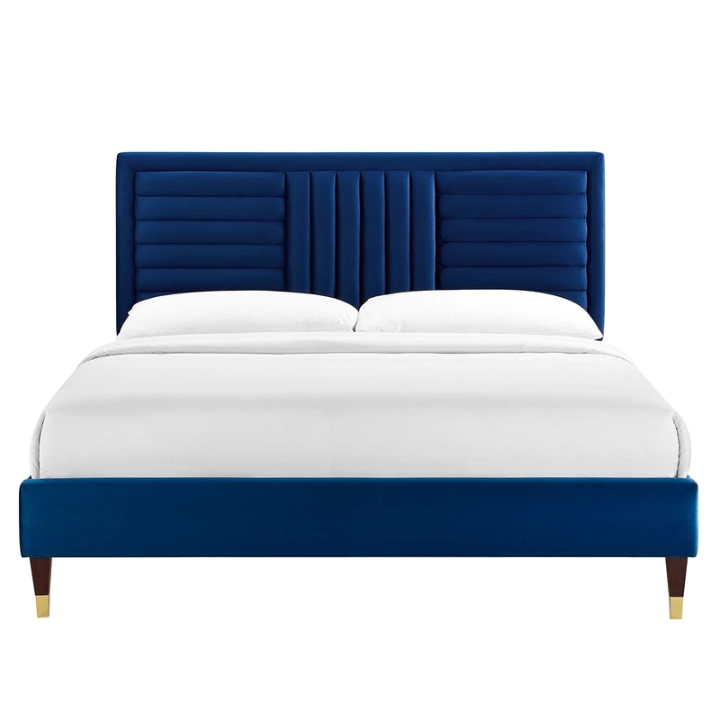 Modway Sofia Channel Tufted Velvet Full Platform Bed in Navy