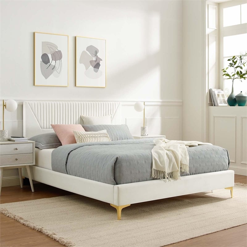 Modway Yasmine Channel Tufted Velvet Full Platform Bed in White Finish