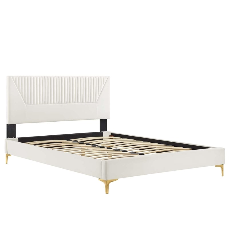 Modway Yasmine Channel Tufted Velvet Full Platform Bed in White Finish
