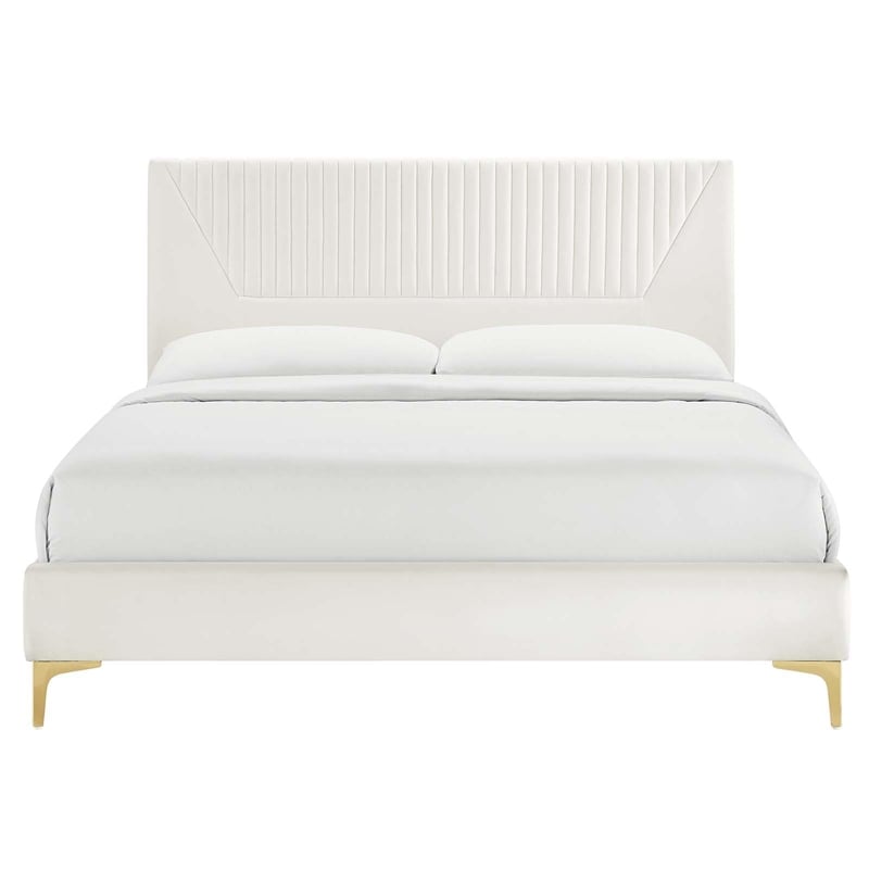 Modway Yasmine Channel Tufted Velvet King Platform Bed in White Finish