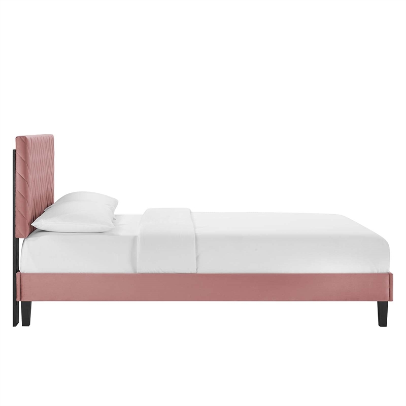 Modway Leah Chevron Tufted Velvet King Platform Bed in Dusty Rose Finish