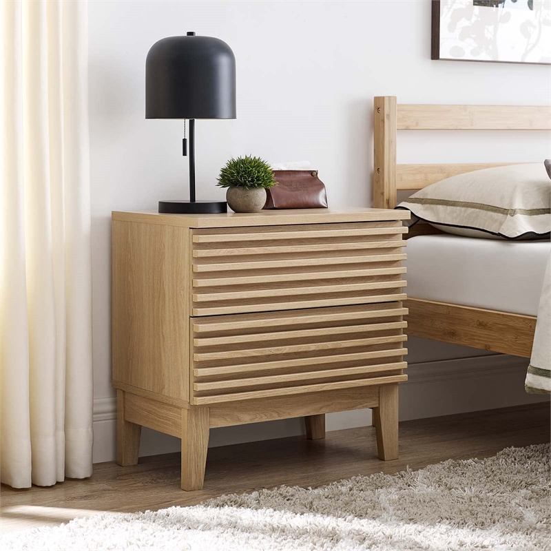 Modway Render Two-Drawer Particleboard Wood Nightstand in Oak