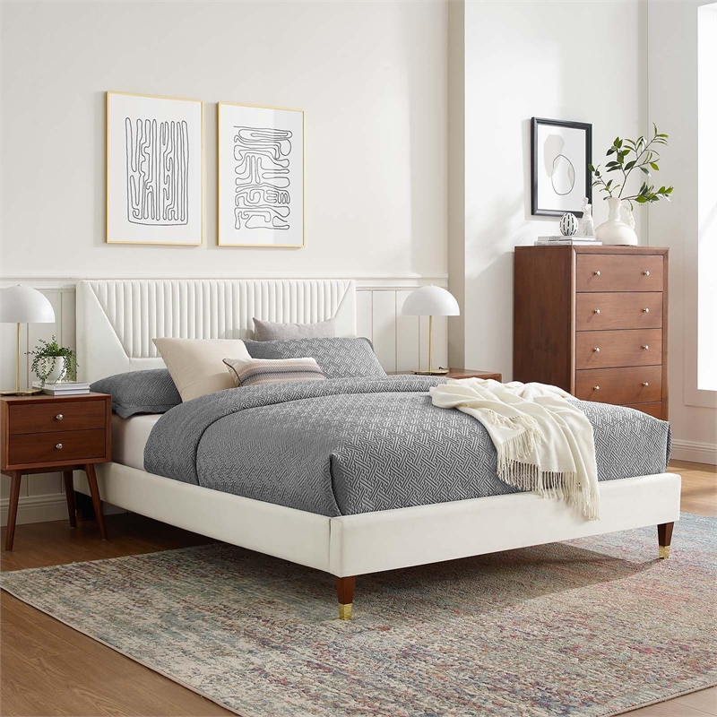 Modway Yasmine Channel Tufted Velvet Full Platform Bed - White