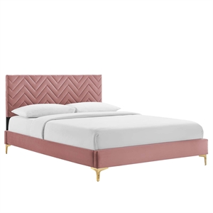 Modway Leah Chevron Tufted Performance Velvet King Platform Bed in Dusty Rose