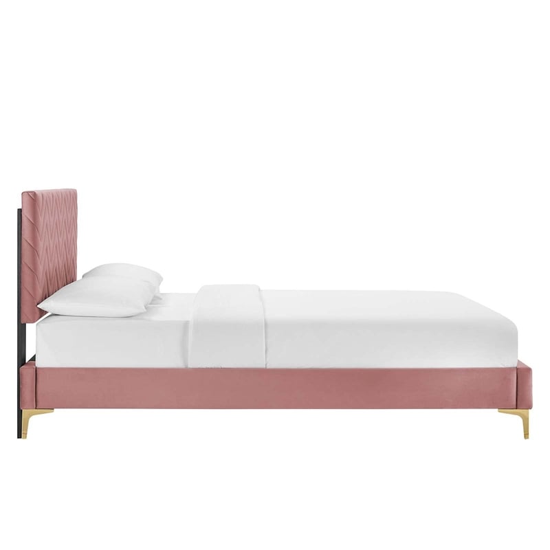 Modway Leah Chevron Tufted Performance Velvet King Platform Bed in Dusty Rose