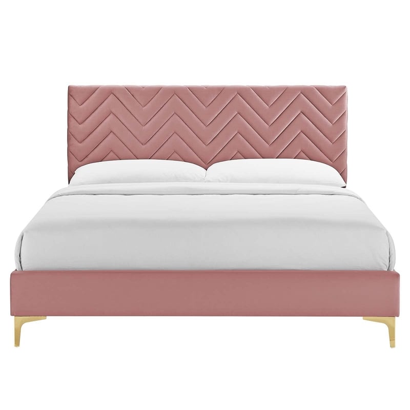 Modway Leah Chevron Tufted Performance Velvet King Platform Bed in Dusty Rose