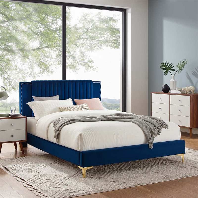 Modway Zahra Channel Tufted Performance Velvet King Platform Bed in Navy