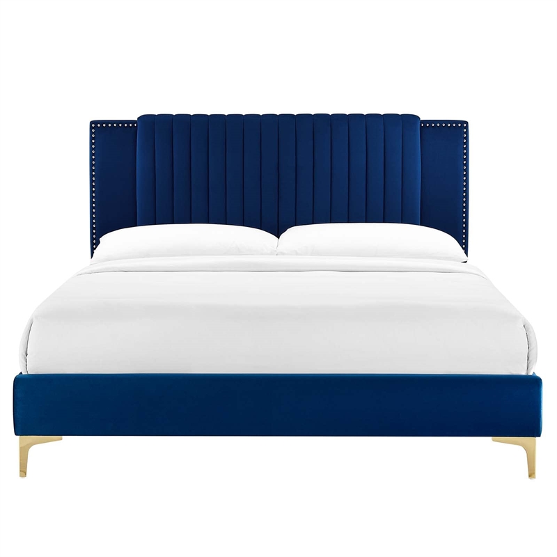 Modway Zahra Channel Tufted Performance Velvet King Platform Bed in Navy