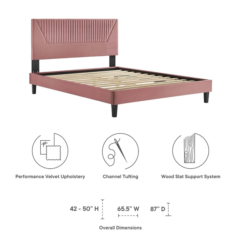 Modway Yasmine Channel Tufted Velvet King Platform Bed in Dusty Rose