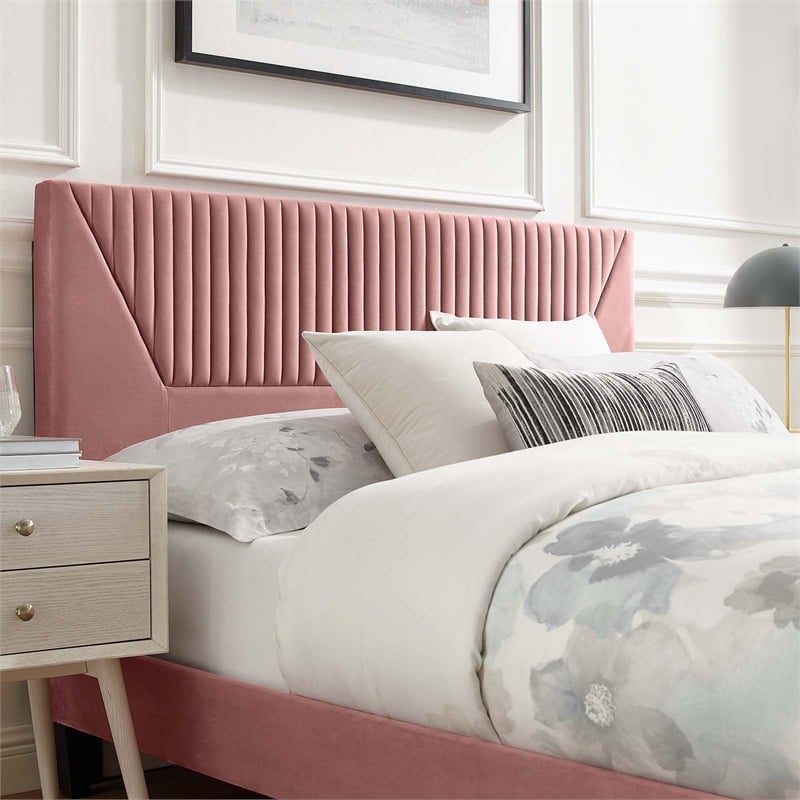 Modway Yasmine Channel Tufted Velvet King Platform Bed in Dusty Rose