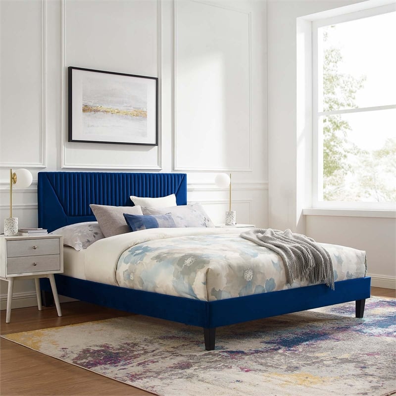 Modway Yasmine Channel Tufted Velvet King Platform Bed in Navy
