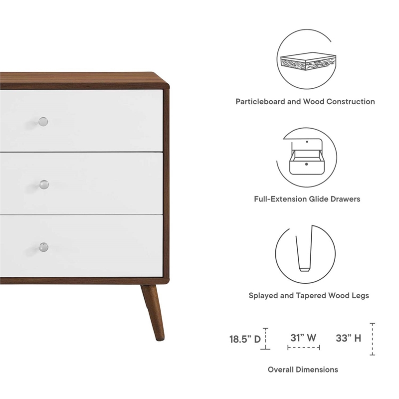 Modway Transmit 3-Drawer Particleboard Wood Chest in Walnut/White