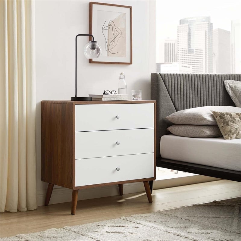 Modway Transmit 3-Drawer Particleboard Wood Chest in Walnut/White