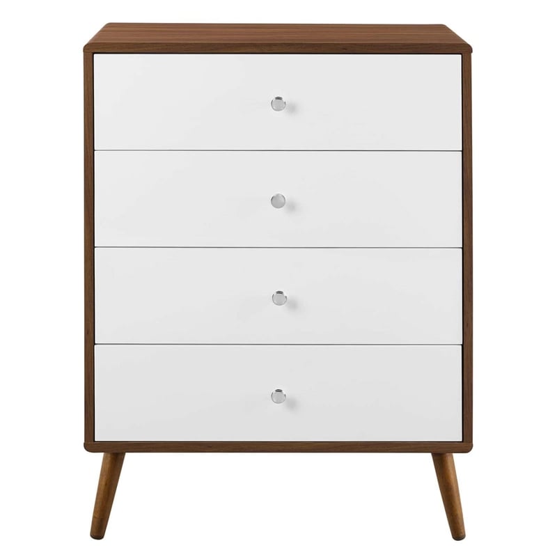 Modway Transmit 4-Drawer Particleboard Wood Chest in Walnut/White