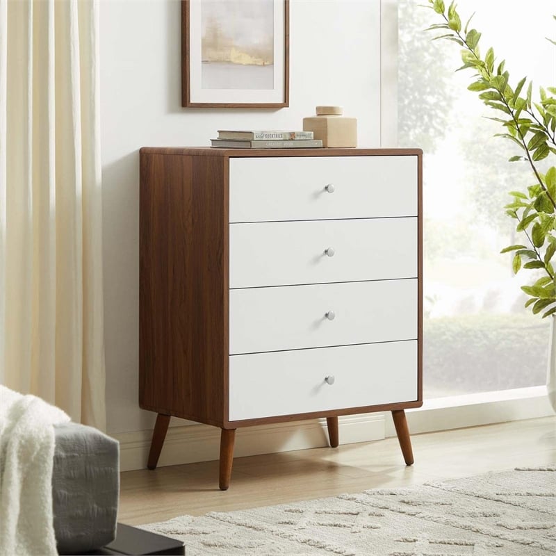 Modway Transmit 4-Drawer Particleboard Wood Chest in Walnut/White