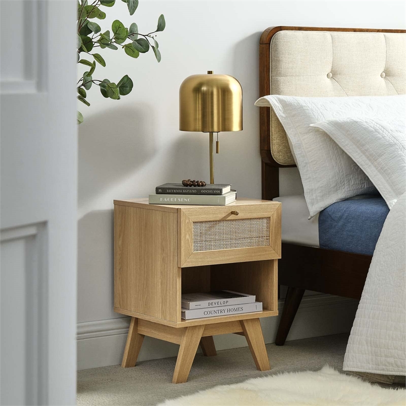 Modway Soma 1-Drawer Rattan MDF and Particleboard Nightstand in Oak