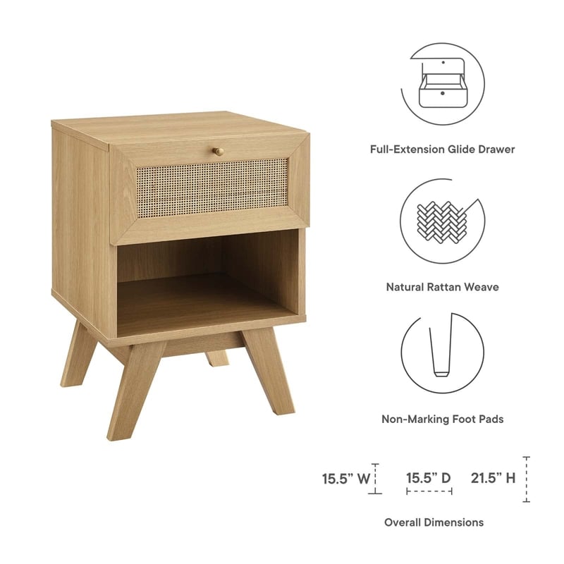 Modway Soma 1-Drawer Rattan MDF and Particleboard Nightstand in Oak