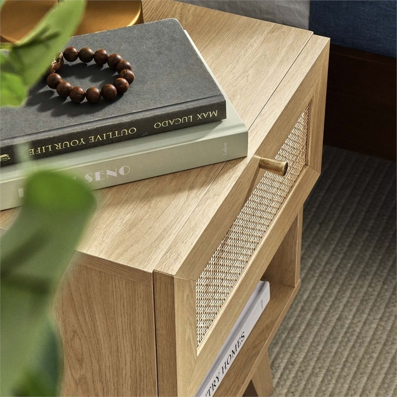 Modway Soma 1-Drawer Rattan MDF and Particleboard Nightstand in Oak