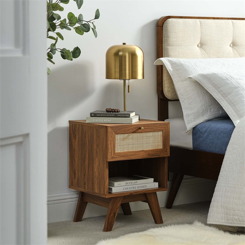Modway Soma 1-Drawer Rattan MDF and Particleboard Nightstand in Walnut