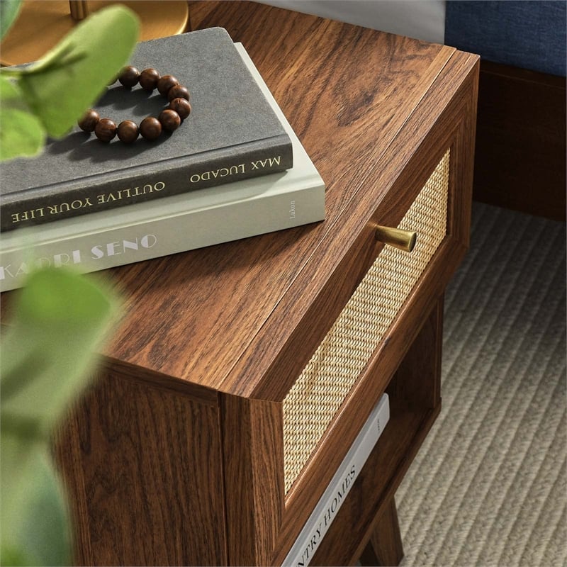 Modway Soma 1-Drawer Rattan MDF and Particleboard Nightstand in Walnut