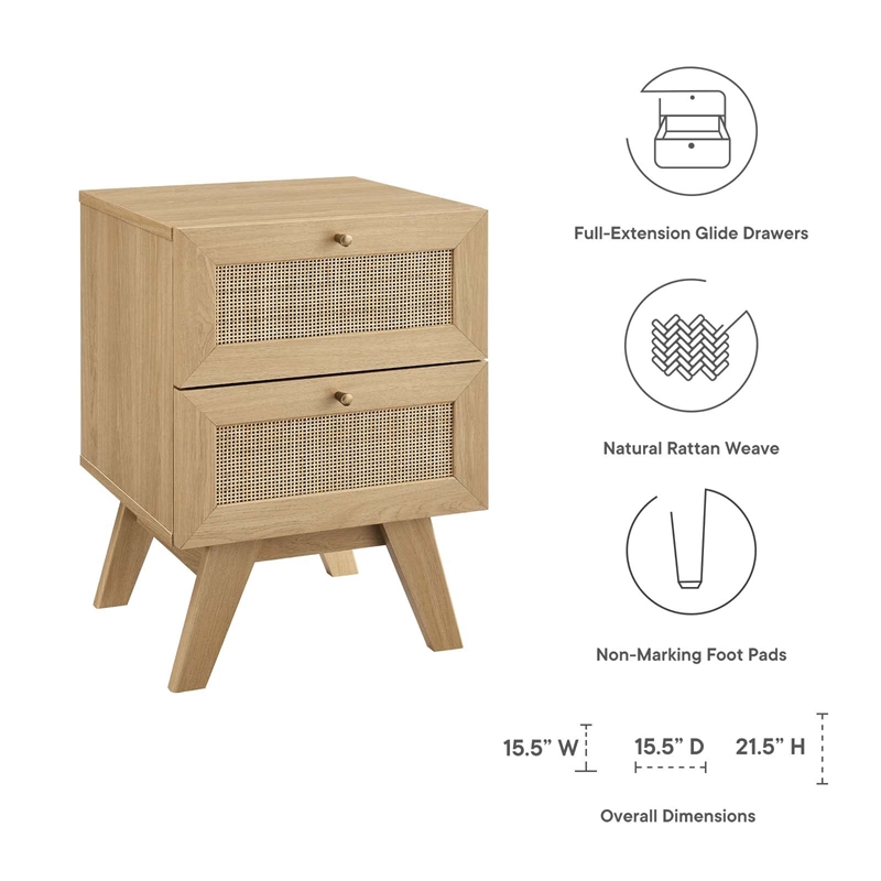 Modway Soma 2-Drawer Rattan MDF and Particleboard Nightstand in Oak