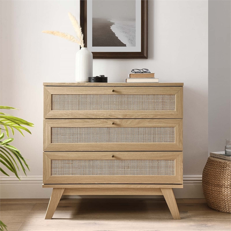 Modway Soma 3-Drawer Rattan MDF and Particleboard Dresser in Oak