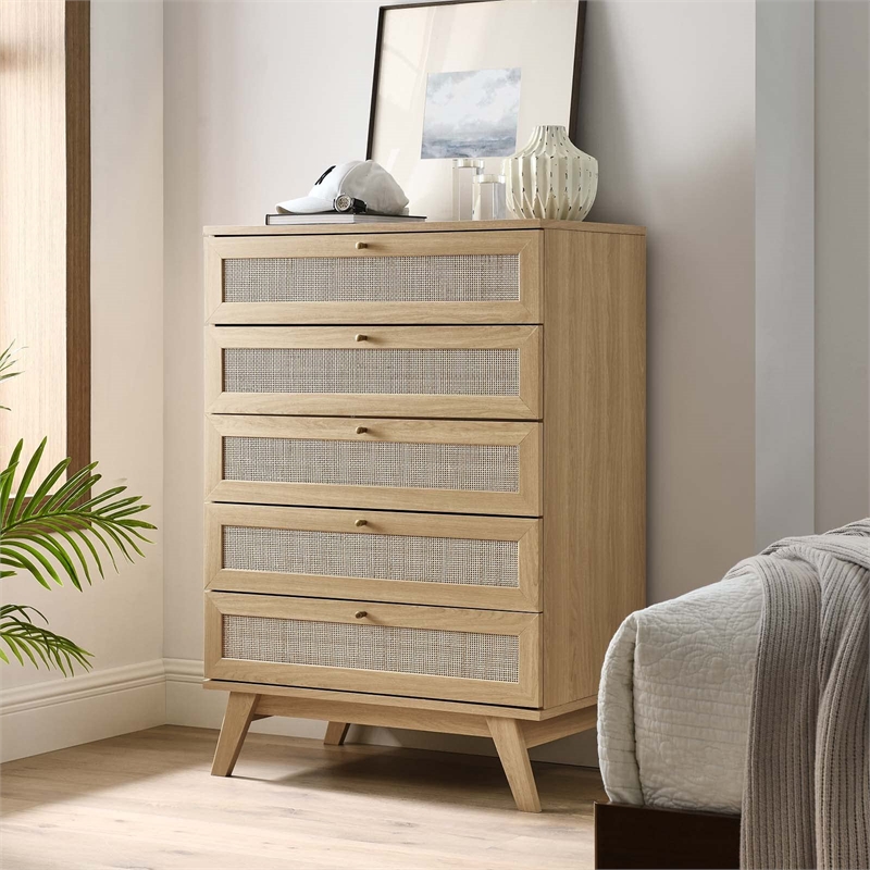 Modway Soma 5-Drawer Rattan MDF and Particleboard Chest in Oak