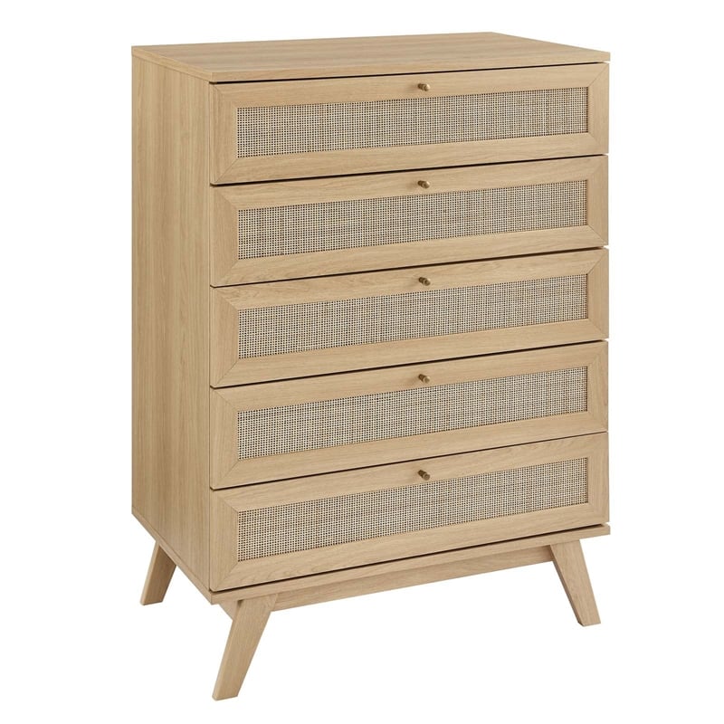Modway Soma 5-Drawer Rattan MDF and Particleboard Chest in Oak