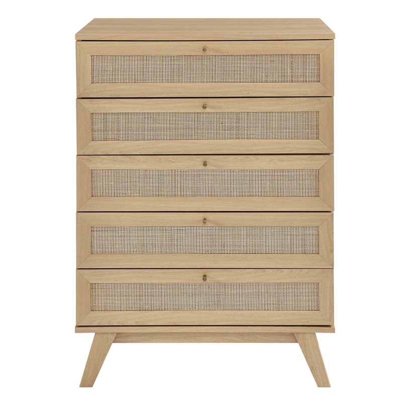 Modway Soma 5-Drawer Rattan MDF and Particleboard Chest in Oak