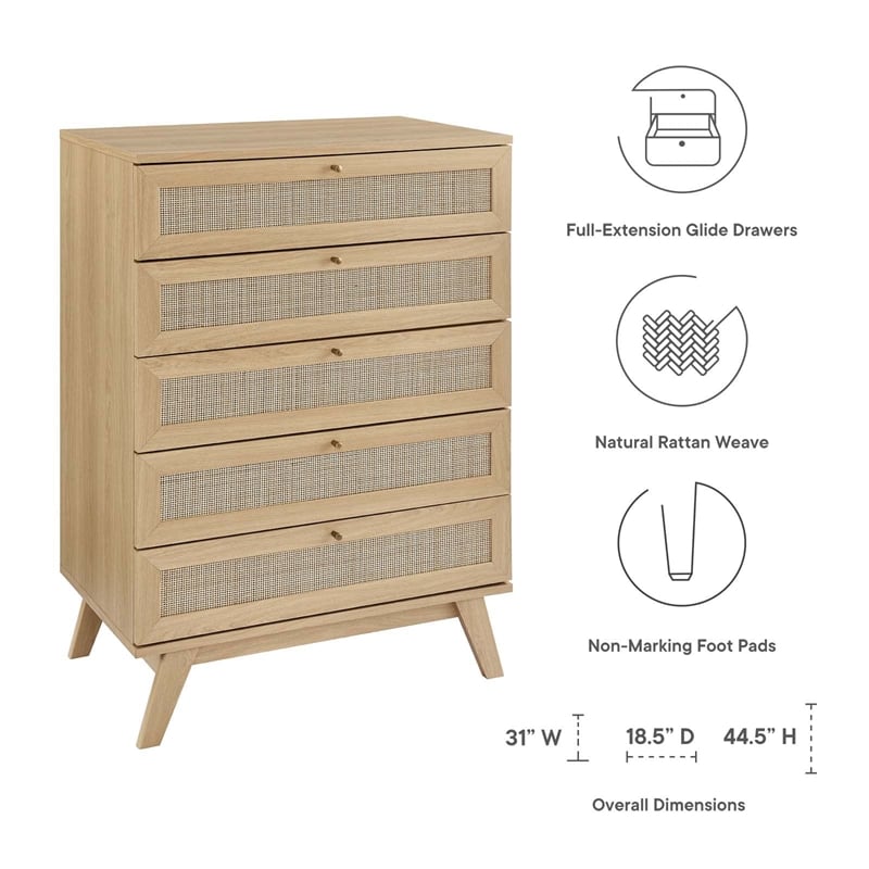 Modway Soma 5-Drawer Rattan MDF and Particleboard Chest in Oak