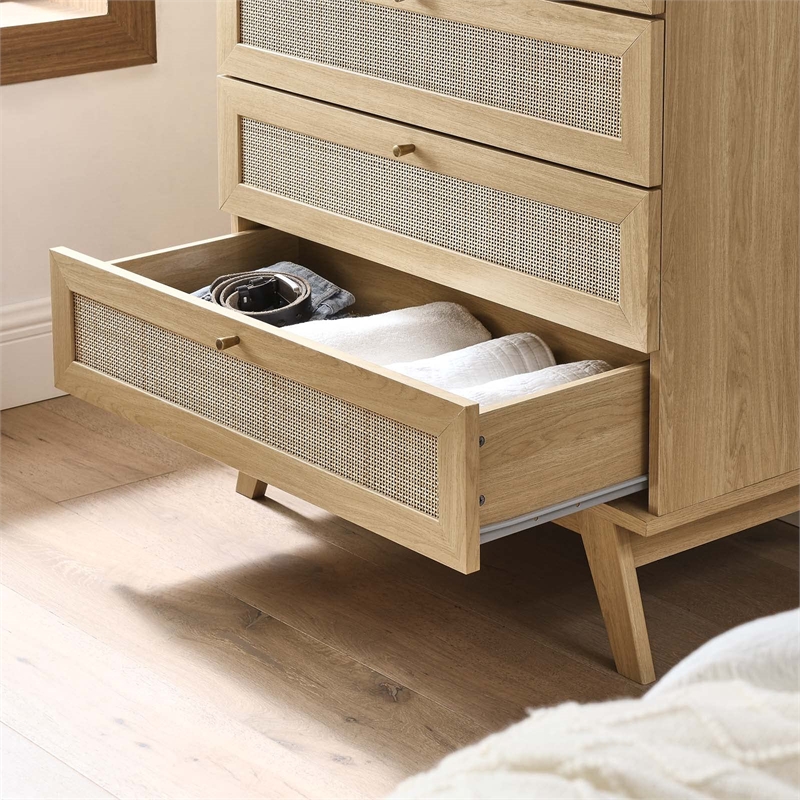 Modway Soma 5-Drawer Rattan MDF and Particleboard Chest in Oak