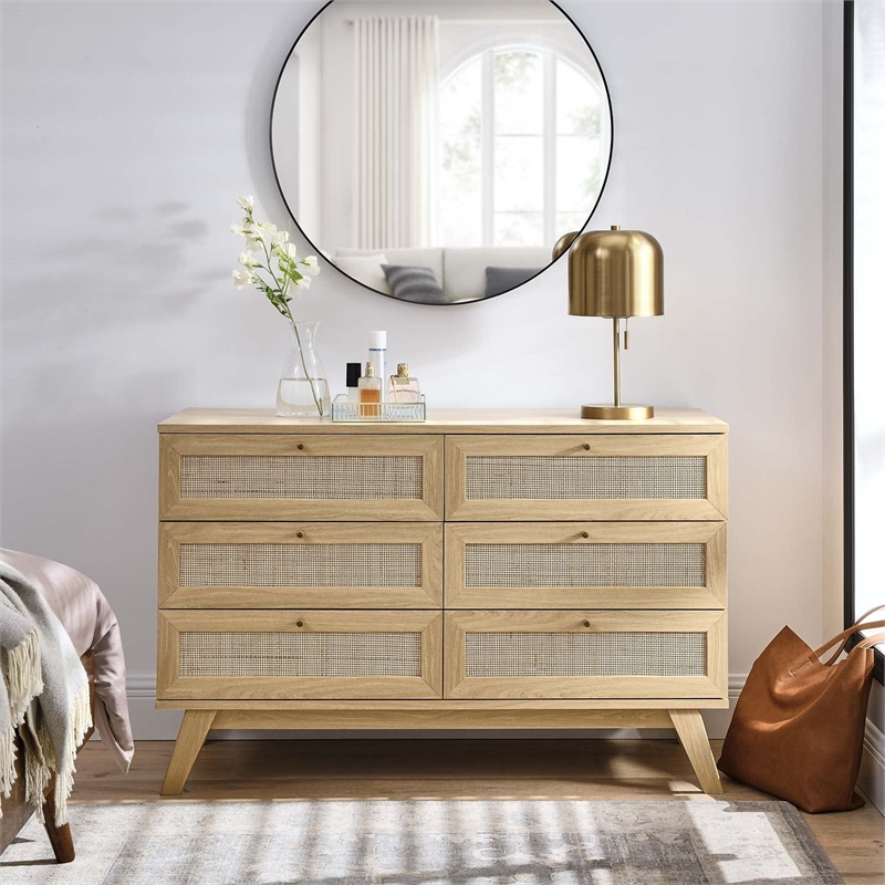 Modway Soma 6-Drawer Rattan MDF and Particleboard Dresser in Oak