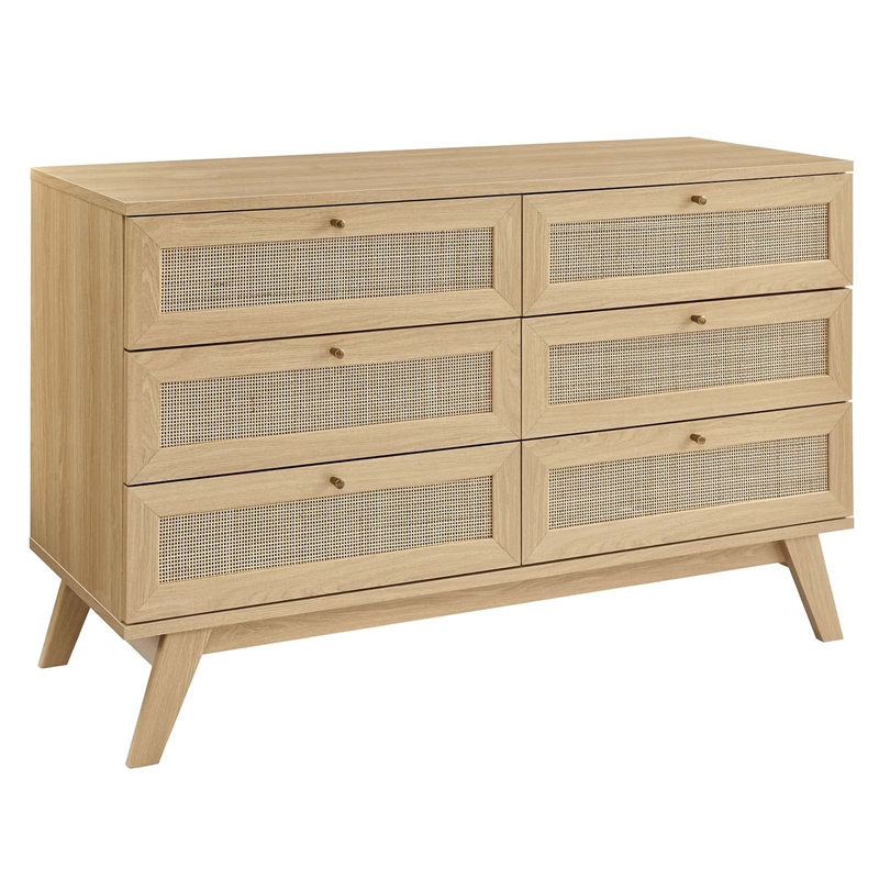 Modway Soma 6-Drawer Rattan MDF and Particleboard Dresser in Oak