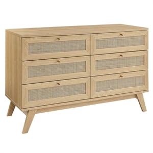 Modway Soma 6-Drawer Rattan MDF and Particleboard Dresser in Oak
