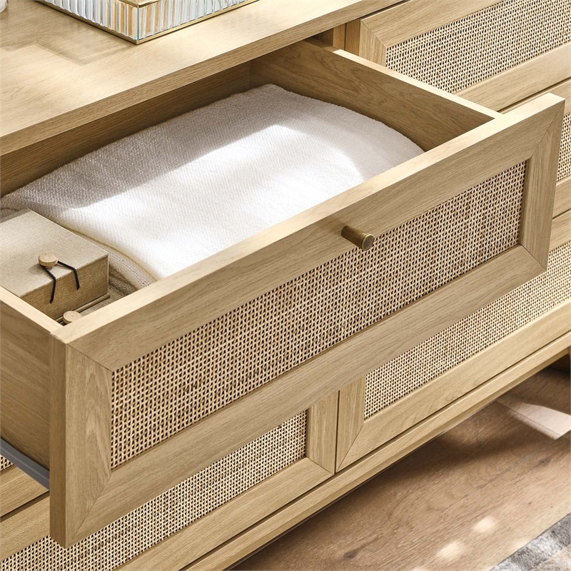 Modway Soma 6-Drawer Rattan MDF and Particleboard Dresser in Oak