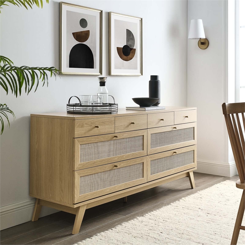 Modway Soma 8-Drawer Rattan MDF and Particleboard Dresser in Oak